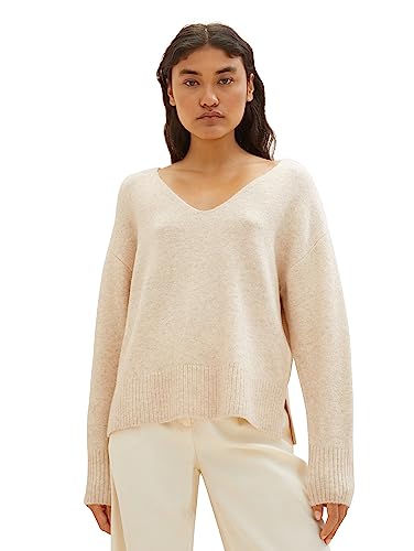 TOM TAILOR Denim Damen 1038392 Basic Pullover mit V-Ausschnitt, 33803-dusty Sand Beige Melange, S von TOM TAILOR Denim