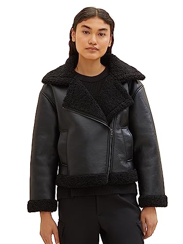 TOM TAILOR Denim Damen 1038689 Sherling Lederjacke, 14482-deep Black, L von TOM TAILOR Denim