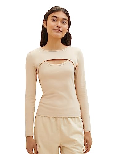 TOM TAILOR Denim Damen 1038740 Langarmshirt mit Cut-Out Detail, 31700-dusty Sand beige, L von TOM TAILOR Denim