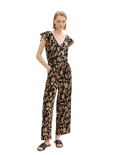 TOM TAILOR Denim Damen Basic Overall Jumpsuit mit Allover Print, black tropical print, L von TOM TAILOR Denim