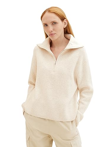 TOM TAILOR Denim Damen Basic Troyer Pullover , creme beige melange, M von TOM TAILOR Denim