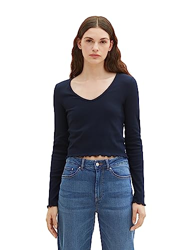 TOM TAILOR Denim Damen 1038364 Cropped Langarmshirt mit Rippstruktur, 10668-sky Captain Blue, L von TOM TAILOR Denim