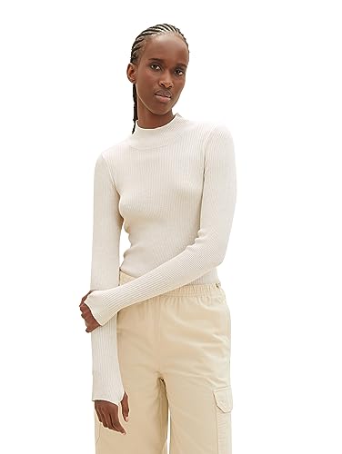 TOM TAILOR Denim Damen Slim Fit Pullover mit Rippstruktur & Stehkragen , creme beige melange, S von TOM TAILOR Denim