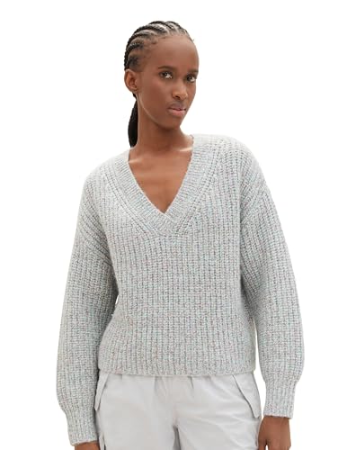 TOM TAILOR Denim Damen Relaxed Fit Strickpullover mit V-Ausschnitt & Melange-Optik , beige colorful mouline, M von TOM TAILOR Denim