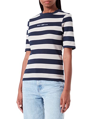 TOM TAILOR Denim Damen T-Shirt mit Stehkragen & Print 1032840, 30346 - Navy Beige Block Stripe, S von TOM TAILOR Denim