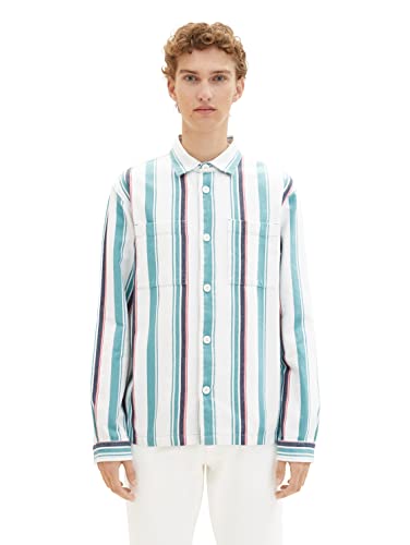 TOM TAILOR Denim Herren 1036241 Relaxed Fit Overshirt Hemd mit Streifen, 31859-Turquoise Multicol Big Stripe, XL von TOM TAILOR Denim