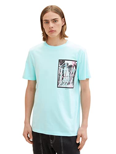 TOM TAILOR Denim Herren 1036480 T-Shirt mit Sommer-Print, 30655-Soft Light Turquoise, S von TOM TAILOR Denim