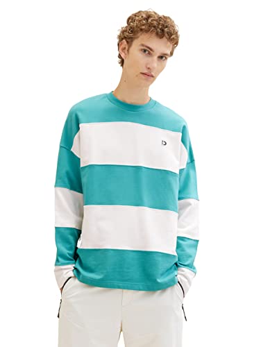 TOM TAILOR Denim Herren 1036756 Oversize College Sweatshirt mit Streifen, 31044-Deep Turquoise, XL von TOM TAILOR Denim