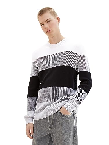 TOM TAILOR Denim Herren Colorblock Strickpullover aus Baumwolle, white black grey colorblock, XXL von TOM TAILOR Denim