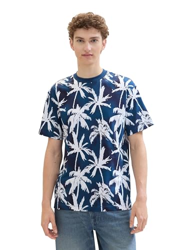 TOM TAILOR Denim Herren Relaxed Fit T-Shirt mit Palmen-Print, 35500 - Dark Color Run Palm Print, L von TOM TAILOR Denim