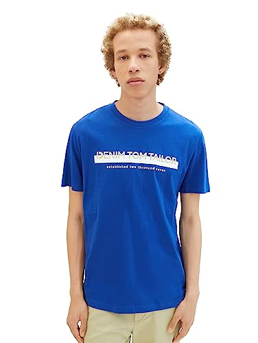 TOM TAILOR Denim Herren Slim Fit T-Shirt mit Logo-Print aus Baumwolle, shiny royal blue, XXL von TOM TAILOR Denim