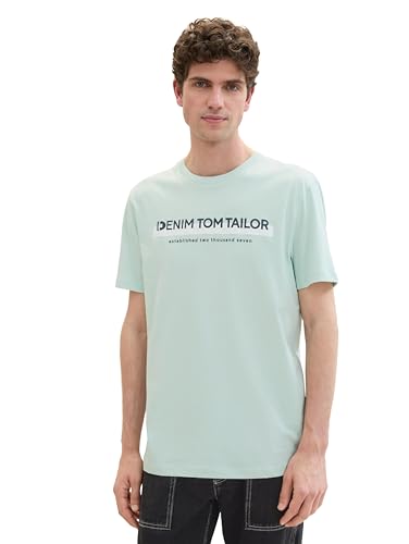 TOM TAILOR Denim Herren Slim Fit T-Shirt mit Logo-Print aus Baumwolle, sea foam, L von TOM TAILOR Denim