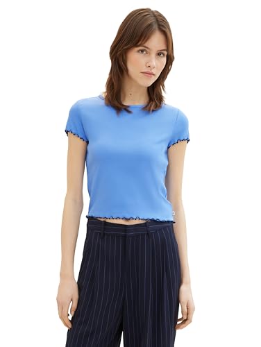 Tom Tailor Denim Damen Basic Cropped Top mit Ripp, 18712 - Sicilian Blue, L von TOM TAILOR Denim