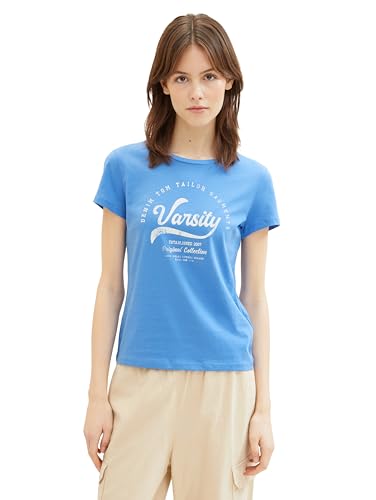 Tom Tailor Denim Damen Basic T-Shirt mit Schriftzug, 18712 - Sicilian Blue, M von TOM TAILOR Denim