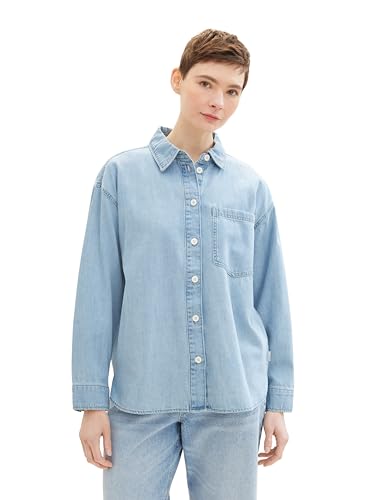 Tom Tailor Denim Damen Oversized Fit Jeansbluse mit Brusttasche, 10118 - Used Light Stone Blue Denim, XL von TOM TAILOR Denim