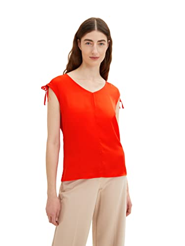 TOM TAILOR Damen 1035851 T-Shirt mit V-Ausschnitt & Raffung, 15612 - Fever Red, XXL von TOM TAILOR