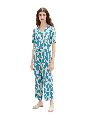 TOM TAILOR Damen 1036807 Jumpsuit Overall mit V-Ausschnitt & Kordel, 32146-Petrol Big Abstract Design, 36 von TOM TAILOR