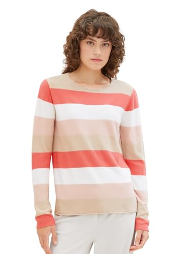 TOM TAILOR Damen Basic Pullover mit Rundhalsausschnitt, 35085 - Rose Red Ottoman Stripe, XS von TOM TAILOR