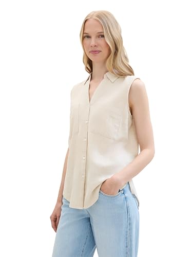 TOM TAILOR Damen Basic ärmellose Bluse mit Brusttaschen, summer beige, 44 TOM TAILOR Damen Basic ärmellose Bluse mit Brusttaschen, summer beige, 44 von TOM TAILOR
