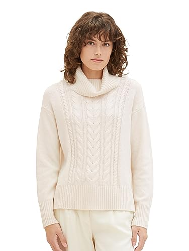 TOM TAILOR Damen Strickpullover mit Rollkragen, soft beige melange, L von TOM TAILOR