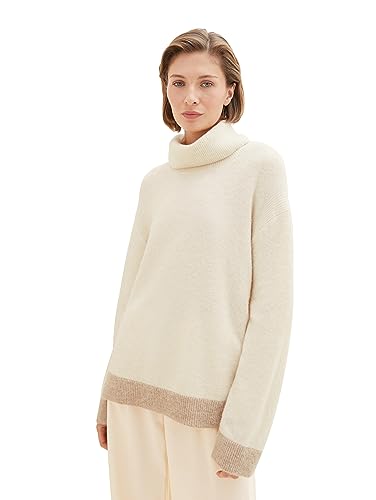 TOM TAILOR Damen Strickpullover mit Rollkragen, soft beige melange, L von TOM TAILOR