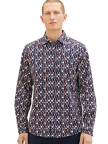 TOM TAILOR Herren 1037456 Regular Fit Stretch Hemd mit Muster, 32327-navy sea Green red Design, XXXL von TOM TAILOR