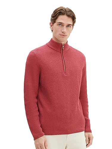 TOM TAILOR Herren 1038243 Mouliné Strick-Pullover mit Troyer-Kragen, 32621-burned Bordeaux red Melange, M von TOM TAILOR