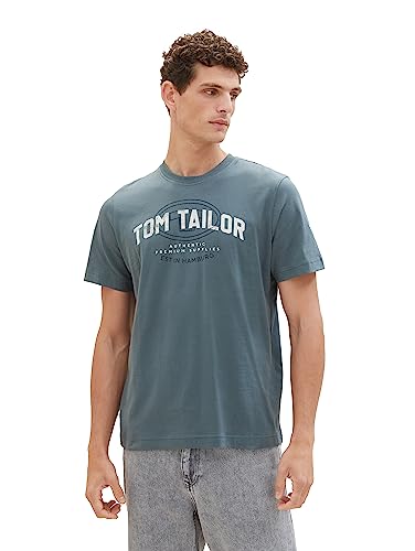 TOM TAILOR Herren 1039832 T-Shirt mit Logo-Print, 32506-dusty Dark Teal, S von TOM TAILOR