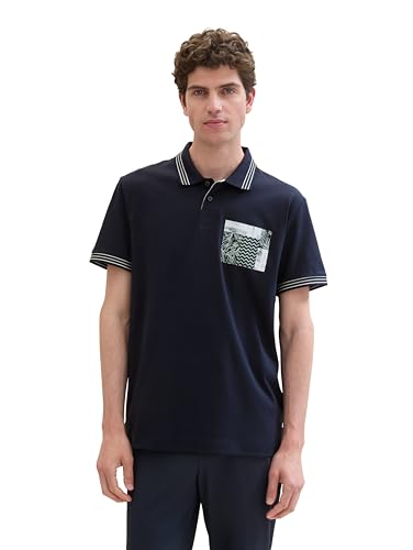 TOM TAILOR Herren Basic Poloshirt mit kleinem Print, sky captain blue, M von TOM TAILOR