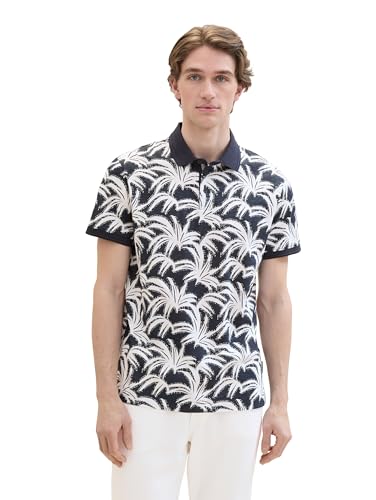 TOM TAILOR Herren Basic Poloshirt mit sommerlichem Allover-Print, navy white leaf design, XXL von TOM TAILOR