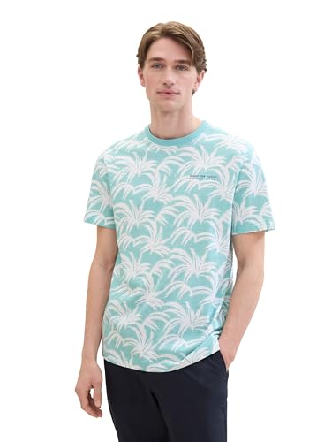 TOM TAILOR Herren Basic T-Shirt mit Allover-Print, turquoise white leaf design, L von TOM TAILOR