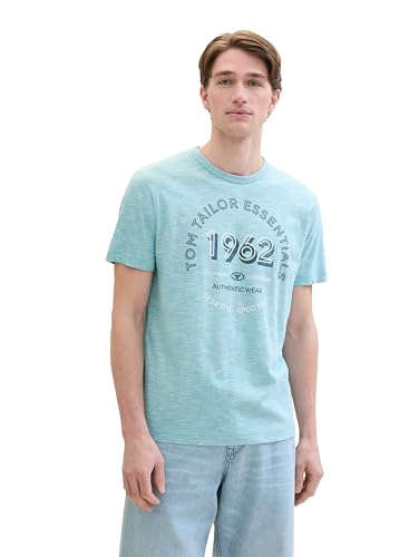 TOM TAILOR Herren Basic T-Shirt mit Logo-Print, meadow teal fine stripe, L von TOM TAILOR