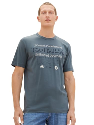 TOM TAILOR Herren Basic T-Shirt mit Print, dusty dark teal, M von TOM TAILOR