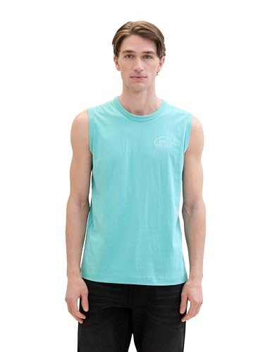 TOM TAILOR Herren Basic Tanktop mit Schriftzug-Print, meadow teal, M von TOM TAILOR