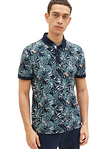 TOM TAILOR Herren Poloshirt mit Palmen-Motiv 1035630, 31270 - navy green big leaf design, M von TOM TAILOR