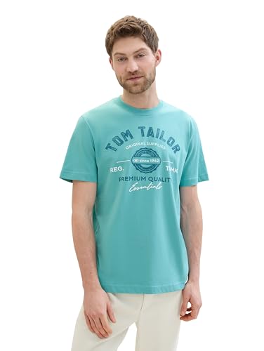 TOM TAILOR Herren T-Shirt mit Logo-Print aus Baumwolle, meadow teal, M von TOM TAILOR