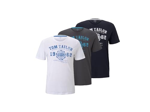 TOM TAILOR Herren T-Shirts mit Logo-Print im 3er Pack (DE/NL/SE/PL, Alphanumerisch, 3XL, Regular, Regular, White/Tarmac Grey/Knitted Navy) von TOM TAILOR