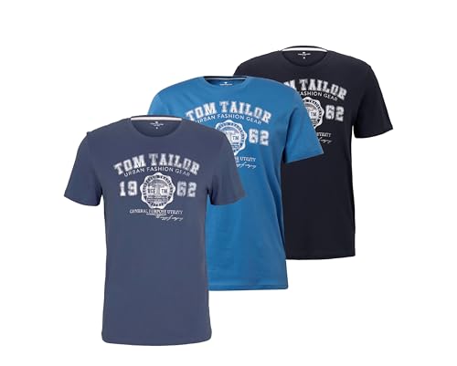 TOM TAILOR Herren T-Shirts mit Logo-Print im 3er Pack (DE/NL/SE/PL, Alphanumerisch, XL, Regular, Regular, Mid Summer Blue/Indigo Blue/Knitted Navy) von TOM TAILOR