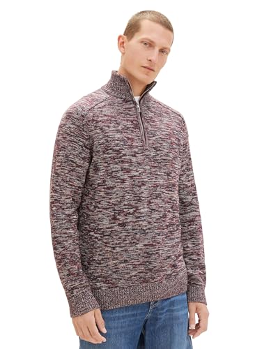 TOM TAILOR Herren Troyer Strickpullover aus Baumwolle, tawny port red mouline, L von TOM TAILOR