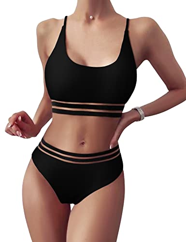 TOMEEK Damen Bikini Set mit Mesh Zweiteilig Badeanzug Push up Gepolstert High Cut Sport Bademode Hohe Taille Bikinis für Frauen(Schwarz,L) von TOMEEK