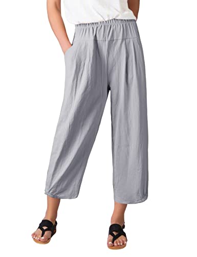 TOMEEK Damen Linien Hosen Sommer 7/8 Hose mit Weitem Bein Freizeithose Elegante Baumwollhose Elastische Taille Palazzo Haremshose Lose Hose mit Taschen, Dunkel Grau, Größe M von TOMEEK