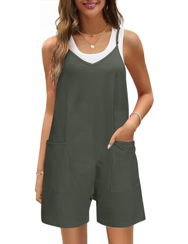 TOMEEK Latzhose Damen Kurz Lose Sommer Jumpsuit Damen Lässig Baumwolle Overall Kurze Hose Verstellbar Schulter Strampelanzug mit Große Taschen(Dunkelgrau,XXL) von TOMEEK