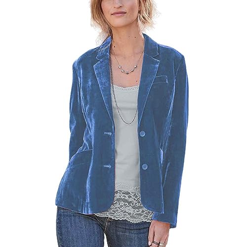 Blazer Für Damen, Damen-Anzugjacke Eleganter Samt-Blazer Mantel Solide Langarm-Cardigan Kurze Anzugjacke Mit Offenem Vorderknopf Modische Schmale Blazer-Jacke Arbeit Büro Sportlich Hellblau M von TOMPPY