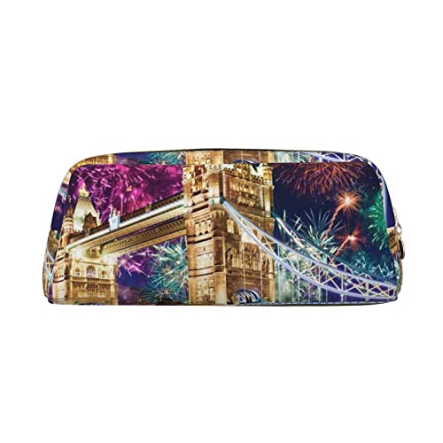 TOMPPY Night London Tower Bridge Bedrucktes Federmäppchen Stand Up Pencil Pouch Kleine Bleistifthalter Fall Schreibwaren Organizer Make-up-Tasche mit Reißverschluss, gold, Einheitsgröße, von TOMPPY