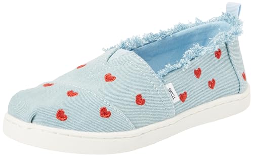 TOMS Tiny Girl's Classic Alpargata Espadrille Loafer Flat, Pastel Blue Washed Denim/Metallic Embroidered Hearts, 10 UK von TOMS