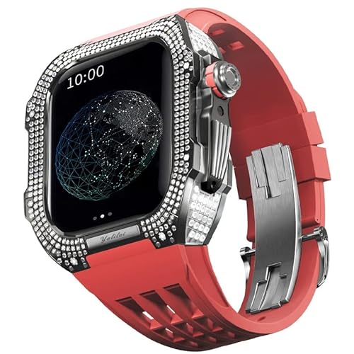 TONECY Gummiband, Titan-Lünette für Apple Watch 7/6/5/4/SE, Apple Mod Watch, Zubehör, Ersatz-Titan, Luxus-Hülle, kompatibel mit iWatch Serie 44 mm, mit Werkzeug von TONECY