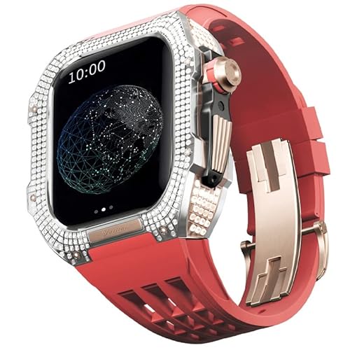 TONECY Gummiband, Titan-Lünette für Apple Watch 7/6/5/4/SE, Apple Mod Watch, Zubehör, Ersatz-Titan, Luxus-Hülle, kompatibel mit iWatch Serie 44 mm, mit Werkzeug von TONECY