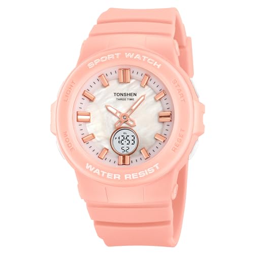 TONSHEN Damen und Herren Digital Sport Uhren Analog Quarz LED Elektronik DREI Zeit 50M Wasserdicht Outdoor Militär Alarm Datum Stoppuhr Plastik Armbanduhr (Pink) von TONSHEN