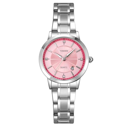 TONSHEN Damenuhr Analog Quarz Edelstahluhr Uhren Kalender Mehrere Farben Armbanduhr (Pink) von TONSHEN