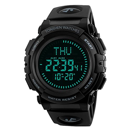 TONSHEN Digitaluhr Sportuhr 50M Wasserdicht Multifunktionale Militär Tactical Kompass Armbanduhr LED EL Licht Outdoor Plastik Uhr mit Silikon Band von TONSHEN